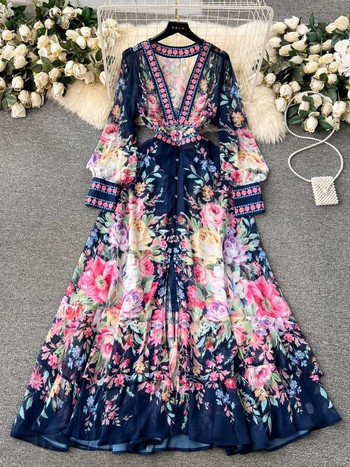 2024 Модна красива шифонена рокля с прозрачни волани, дамска секси рокля с дълбоко V деколте и дълъг ръкав с флорален принт Бохо халат Vestido