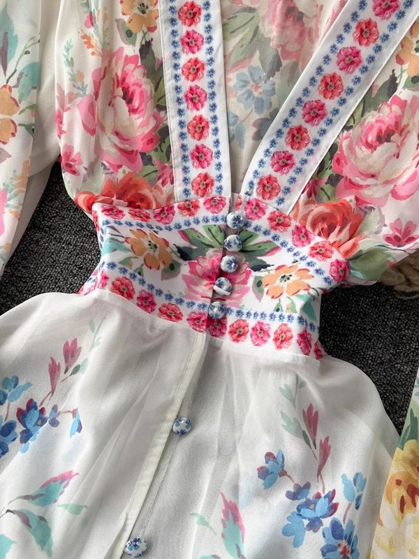 2024. aasta mood Imeilus lilleline šifoon, läbipaistev volangidega kleit Naistele seksikas sügava V kaelusega pikkade varrukatega lilleprint Boho rüü Vestido