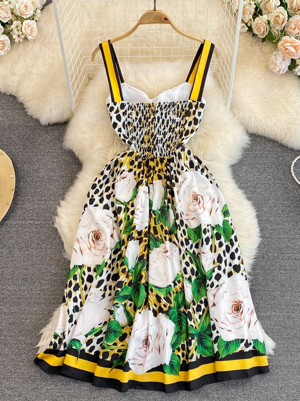 Nyári szexi spagetti pántos virágos leopárdmintás ruha Női strand háttámla nélküli pánt nélküli elasztikus derék Rózsa Virág Party Vestidos