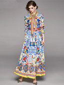 Σχεδιαστής Runway Πλισέ Φορέματα Maxi Γυναικεία Μπλε και Λευκή πορσελάνινη στάμπα Φιόγκος λαιμόκοψη Vintage φαρδιά ρόμπα Boho Long Party Φόρεμα