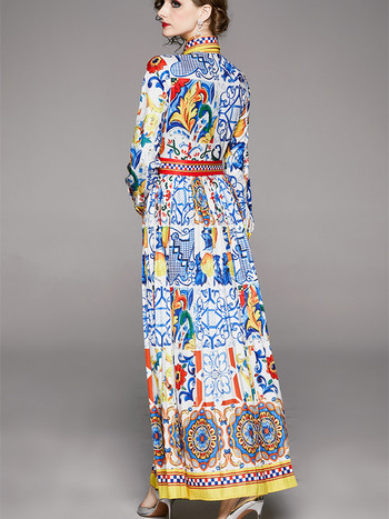 Дизайнерски плисирани макси рокли за писта Дамски сини и бели порцеланови щампи с пастор деколте Винтидж широка роба Бохо дълга парти рокля