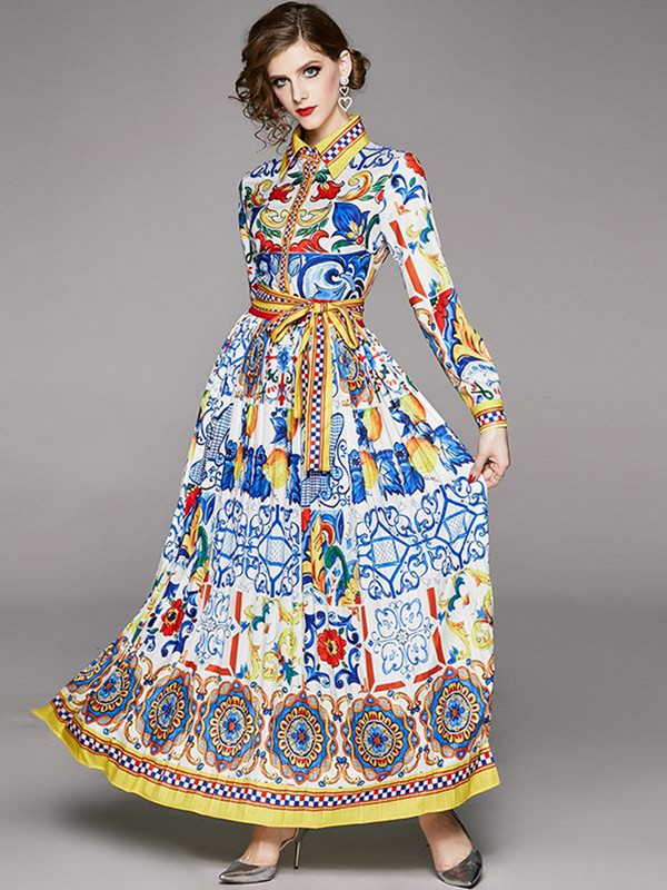 Σχεδιαστής Runway Πλισέ Φορέματα Maxi Γυναικεία Μπλε και Λευκή πορσελάνινη στάμπα Φιόγκος λαιμόκοψη Vintage φαρδιά ρόμπα Boho Long Party Φόρεμα