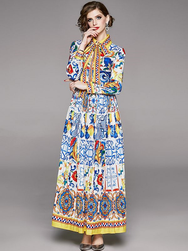 Σχεδιαστής Runway Πλισέ Φορέματα Maxi Γυναικεία Μπλε και Λευκή πορσελάνινη στάμπα Φιόγκος λαιμόκοψη Vintage φαρδιά ρόμπα Boho Long Party Φόρεμα