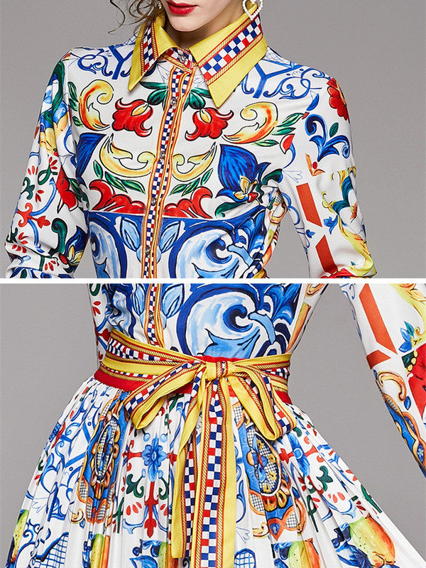 Σχεδιαστής Runway Πλισέ Φορέματα Maxi Γυναικεία Μπλε και Λευκή πορσελάνινη στάμπα Φιόγκος λαιμόκοψη Vintage φαρδιά ρόμπα Boho Long Party Φόρεμα