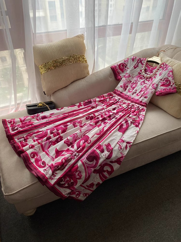 Moedisainer Runway Punane sinine ja valge portselanprinteriga kleit naiste lühikeste varrukatega kõrge vöökohaga pikk puhkusekleit