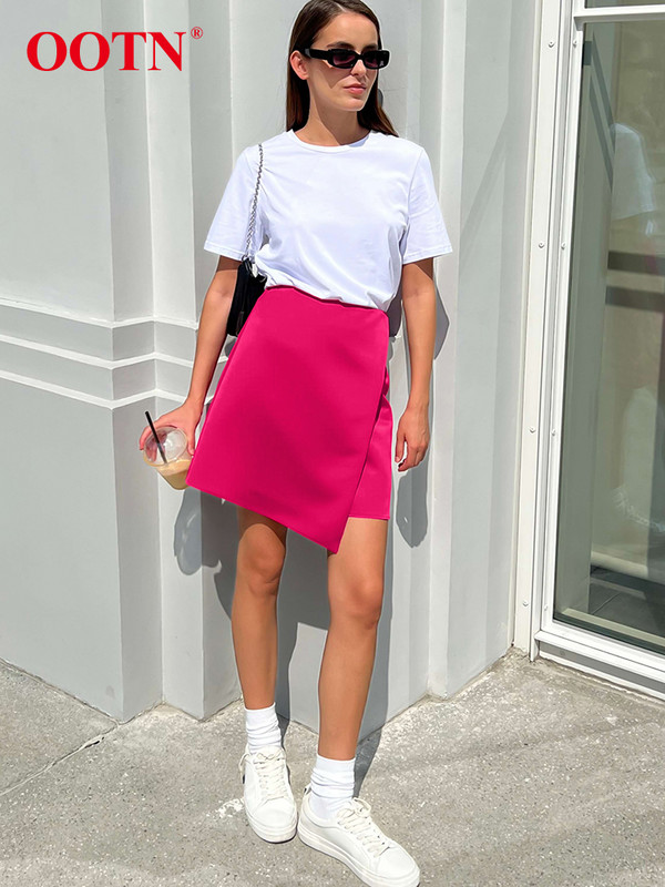 OOTN kontori mustad kõrge vöökohaga seelikud naistele 2023. aasta suvised asümmeetrilised miniseelikud Kevadised soliidsed tänavarõivad, moodne satiinseelik, roosa