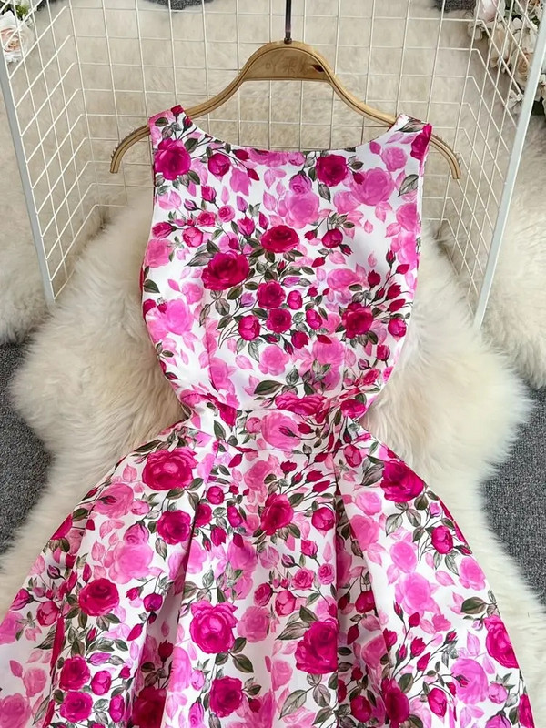 Suvine žakaarvärvi lilleline paakkleit naiste varrukateta vest O kaelusega kõrge vöökohaga lilletrükk pikk säärepikkusega rannapeo vestid