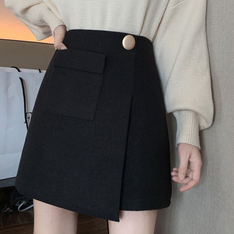Naiste ebaregulaarsed mustad seelikud Mini kuumad kõrge vöökohaga õhukesed naiste A-sari Sügistalvine temper Elegantne Prantsuse Disainer Luksus Uus