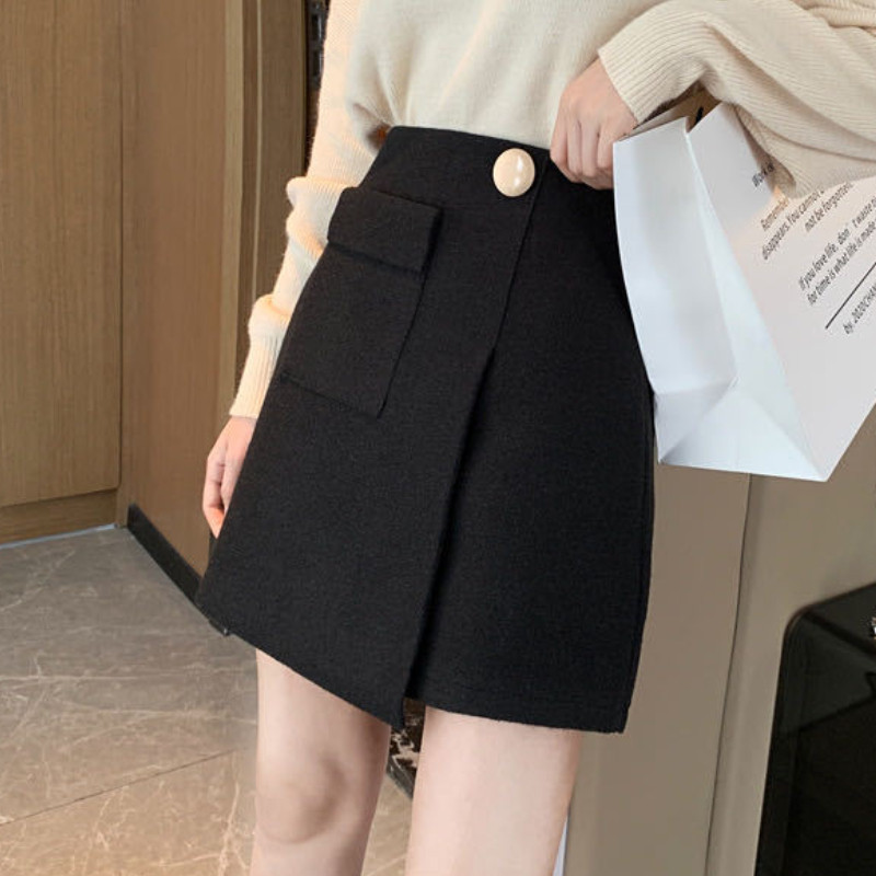 Naiste ebaregulaarsed mustad seelikud Mini kuumad kõrge vöökohaga õhukesed naiste A-sari Sügistalvine temper Elegantne Prantsuse Disainer Luksus Uus
