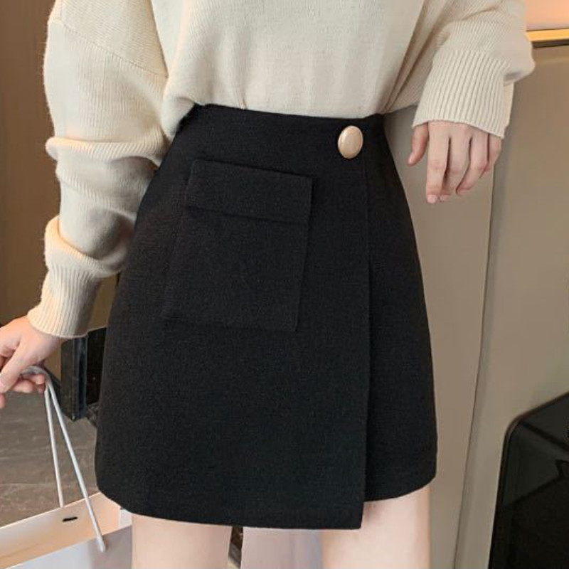 Naiste ebaregulaarsed mustad seelikud Mini kuumad kõrge vöökohaga õhukesed naiste A-sari Sügistalvine temper Elegantne Prantsuse Disainer Luksus Uus