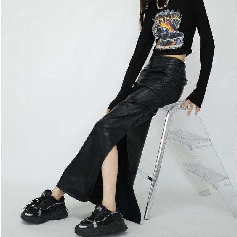 Μαύρες δερμάτινες φούστες με διπλές ψηλόμεσες πλαϊνές σπαστές Pu για γυναίκες Φθινοπωρινές χειμερινές κομψές μακριές φούστες Bodycon