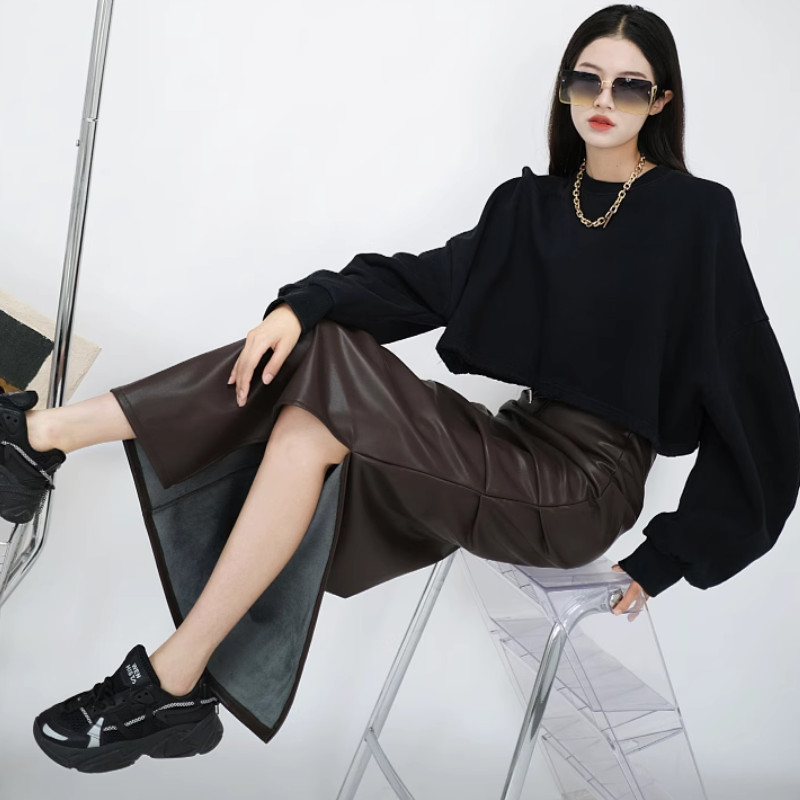 Μαύρες δερμάτινες φούστες με διπλές ψηλόμεσες πλαϊνές σπαστές Pu για γυναίκες Φθινοπωρινές χειμερινές κομψές μακριές φούστες Bodycon