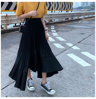 Λευκή πλισέ φούστα για γυναίκες Νέα καλοκαιρινές κορεατικές γυναικείες φούστες με ψηλή μέση μόδα Ασύμμετρα βολάν Μακρυές φούστες σιφόν σε γραμμή Α