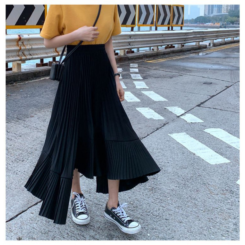 Λευκή πλισέ φούστα για γυναίκες Νέα καλοκαιρινές κορεατικές γυναικείες φούστες με ψηλή μέση μόδα Ασύμμετρα βολάν Μακρυές φούστες σιφόν σε γραμμή Α