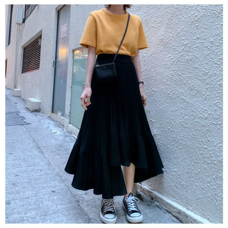 Λευκή πλισέ φούστα για γυναίκες Νέα καλοκαιρινές κορεατικές γυναικείες φούστες με ψηλή μέση μόδα Ασύμμετρα βολάν Μακρυές φούστες σιφόν σε γραμμή Α