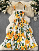 Nyári kifutógombok Spagetti pántos ruha Slash nyakú, hát nélküli sárga rózsa virágmintás magas derekú Beach Midi Party Sundress