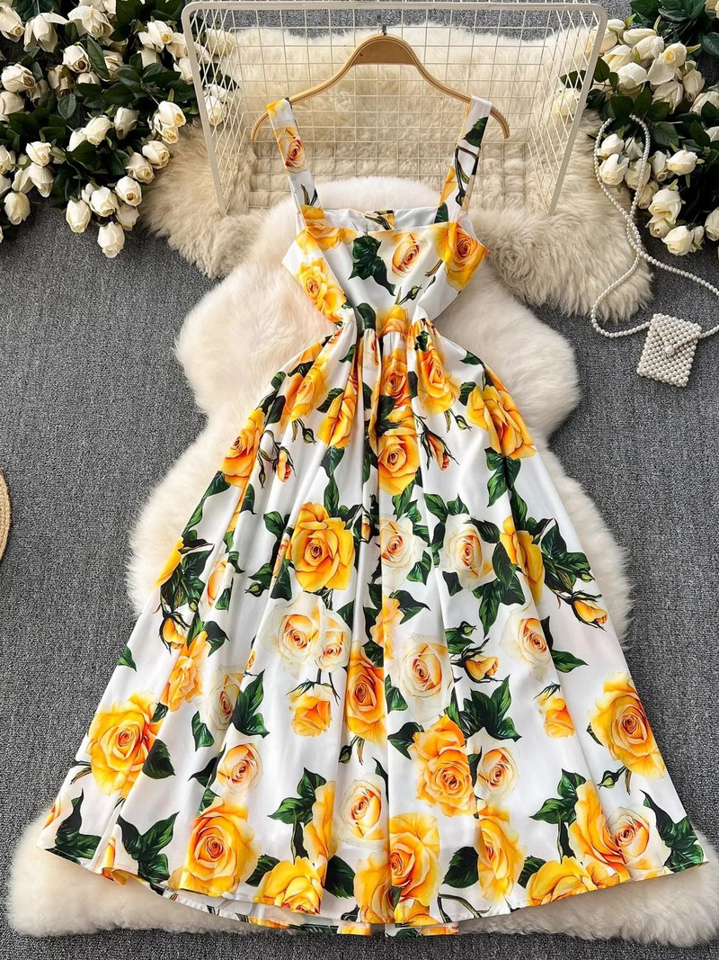 Nyári kifutógombok Spagetti pántos ruha Slash nyakú, hát nélküli sárga rózsa virágmintás magas derekú Beach Midi Party Sundress