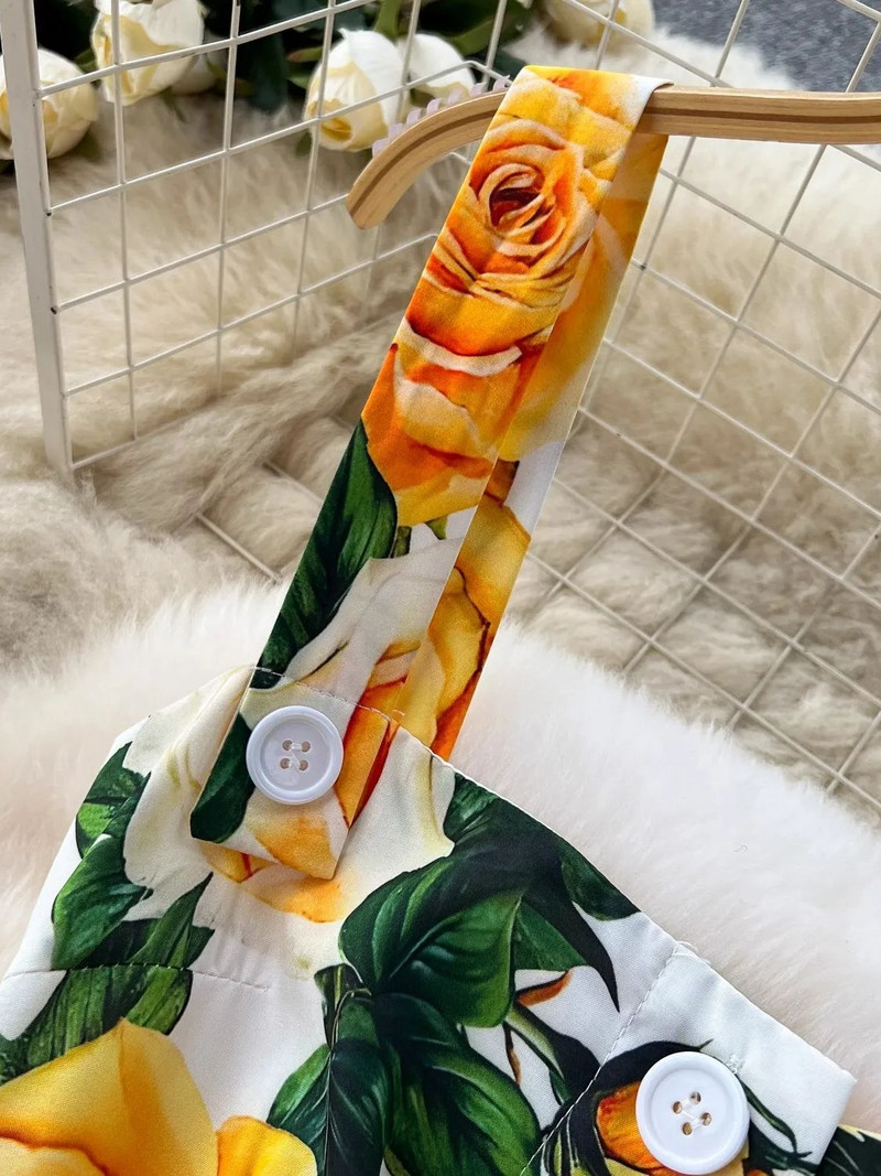 Nyári kifutógombok Spagetti pántos ruha Slash nyakú, hát nélküli sárga rózsa virágmintás magas derekú Beach Midi Party Sundress