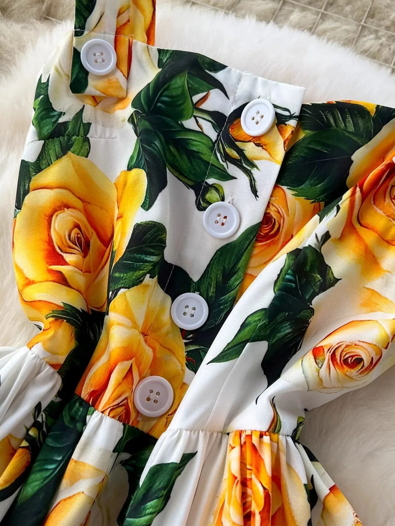 Nyári kifutógombok Spagetti pántos ruha Slash nyakú, hát nélküli sárga rózsa virágmintás magas derekú Beach Midi Party Sundress