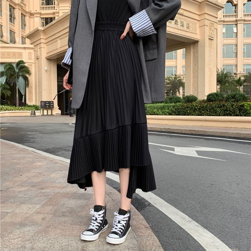 Ασύμμετρη πλισέ σιφόν φούστα 2020 Άνοιξη Καλοκαίρι Κορέα Μόδα Ψηλόμεση Λεπτή Λευκή Γυναικεία Μακριά Φούστα S668