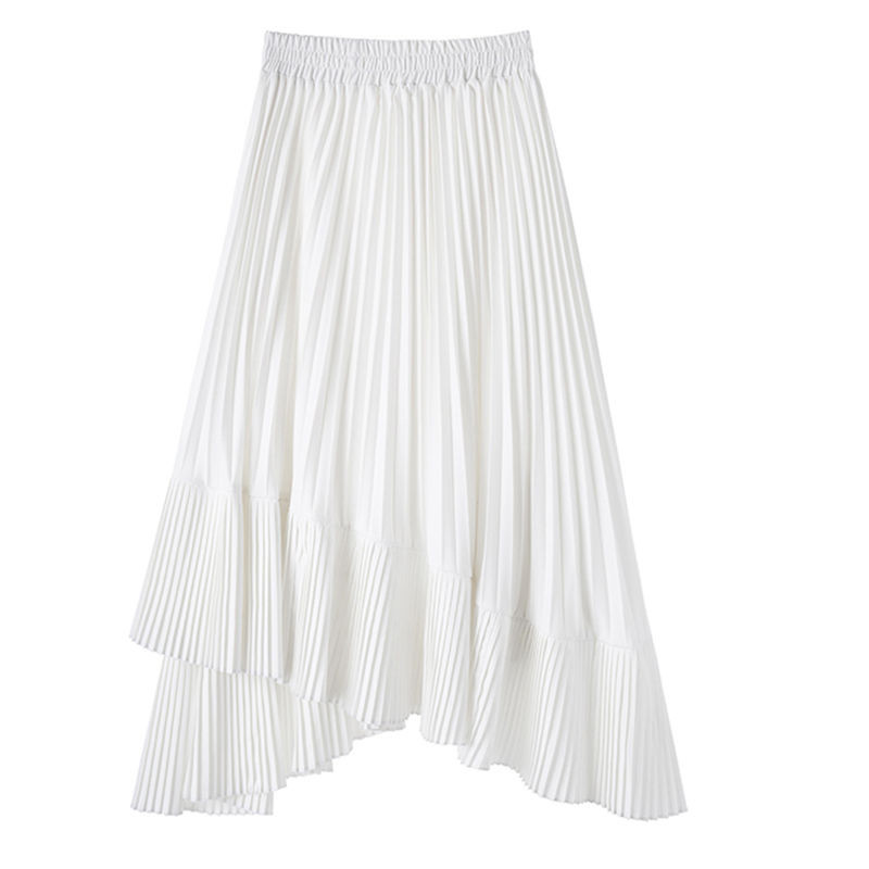 Ασύμμετρη πλισέ σιφόν φούστα 2020 Άνοιξη Καλοκαίρι Κορέα Μόδα Ψηλόμεση Λεπτή Λευκή Γυναικεία Μακριά Φούστα S668