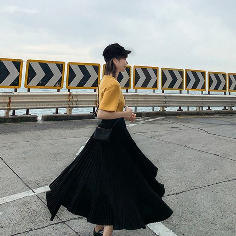 Ασύμμετρη πλισέ σιφόν φούστα 2020 Άνοιξη Καλοκαίρι Κορέα Μόδα Ψηλόμεση Λεπτή Λευκή Γυναικεία Μακριά Φούστα S668