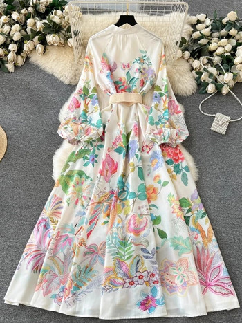 Елегантна ленена празнична рокля с флорални халати Дамска рокля за пролет и лято с дълги ръкави с фенери, пояси Vestidos Дрехи с флорален принт