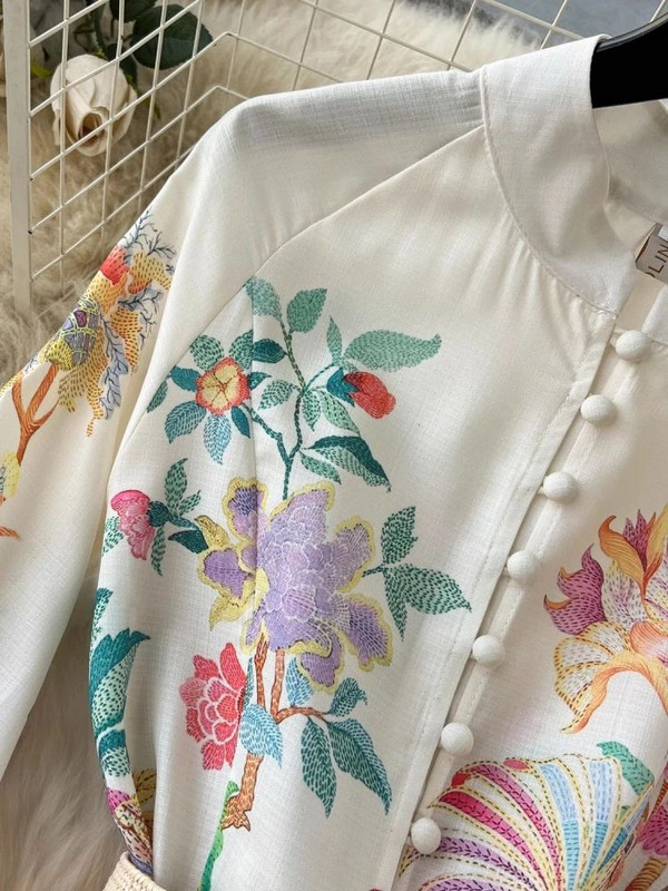 Elegáns lenvászon virágos ünnepi köntös ruha női tavaszi nyár állvány hosszú lámpás ujjú szárnyak Vestidos virágmintás ruhák