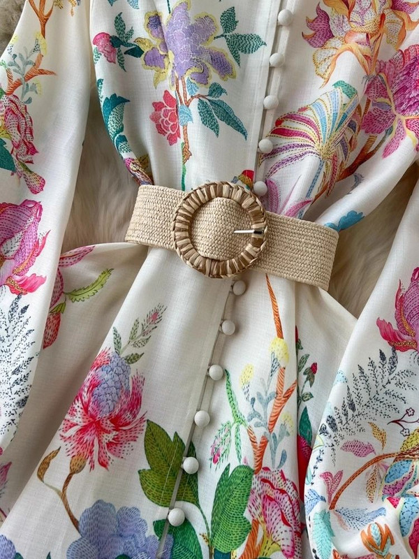 Elegáns lenvászon virágos ünnepi köntös ruha női tavaszi nyár állvány hosszú lámpás ujjú szárnyak Vestidos virágmintás ruhák