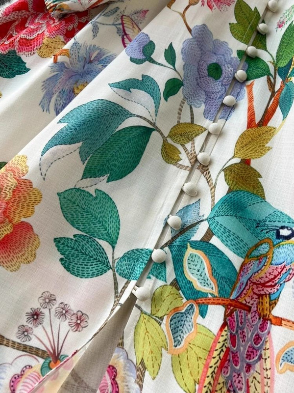 Elegáns lenvászon virágos ünnepi köntös ruha női tavaszi nyár állvány hosszú lámpás ujjú szárnyak Vestidos virágmintás ruhák