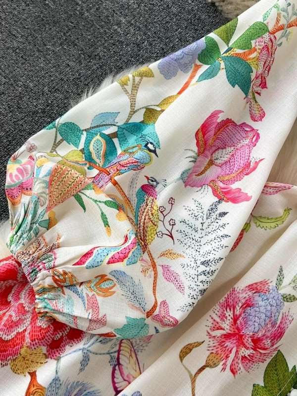 Elegáns lenvászon virágos ünnepi köntös ruha női tavaszi nyár állvány hosszú lámpás ujjú szárnyak Vestidos virágmintás ruhák