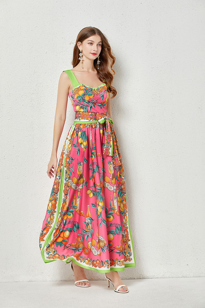 Runway Fashion Maxi kleit suvine Bohemian Spagetti rihm Sidrunitrükiga Sundress Cup Polsterdatud vööga Elegantne seljata pikad vestid