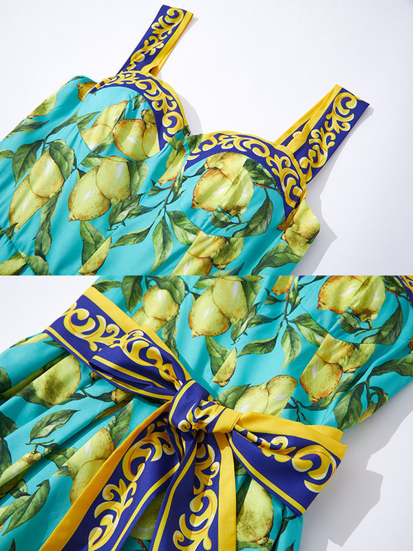 Runway Fashion Maxi Φόρεμα Summer Bohemian Spaghetti με λουράκι με λεμόνι με στάμπα σαλονιού με ζώνες κομψά μακρυά Vestidos