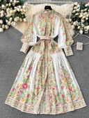 2024 Fashion Holiday Chiffon Maxi Φόρεμα Γυναικείο ζιβάγκο με μακρύ φανάρι με μονό στήθος λουλουδένια στάμπα ρόμπα Vestido