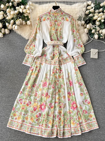 Модна празнична макси рокля от шифон през 2024 г. Дамска водолазка с дълъг ръкав с фенер, едноредов колан с щампа на цветя, роба Vestido