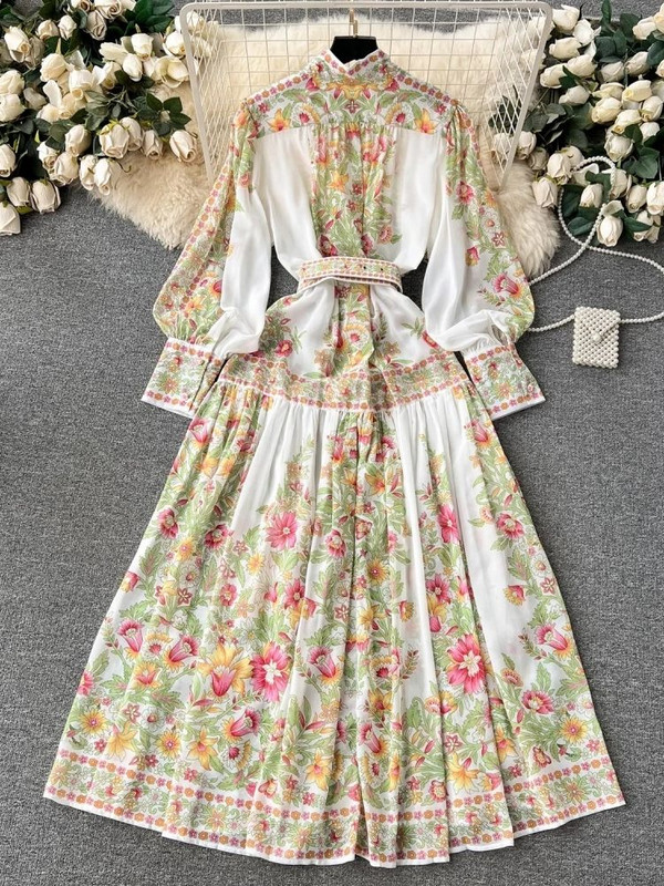 2024 Fashion Holiday Chiffon Maxi Φόρεμα Γυναικείο ζιβάγκο με μακρύ φανάρι με μονό στήθος λουλουδένια στάμπα ρόμπα Vestido