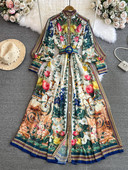 2024 Fashion Chiffon Gorgeous Flower Print Maxi Φόρεμα Γυναικεία βάση Μονόστηθος μακρυμάνικη ζώνη με φανάρι Boho Robe Vestidos