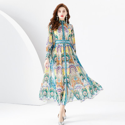 2024 Fashion Chiffon Gorgeous Flower Print Maxi Φόρεμα Γυναικεία βάση Μονόστηθος μακρυμάνικη ζώνη με φανάρι Boho Robe Vestidos