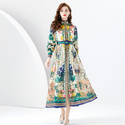 2024 Fashion Chiffon Gorgeous Flower Print Maxi Φόρεμα Γυναικεία βάση Μονόστηθος μακρυμάνικη ζώνη με φανάρι Boho Robe Vestidos