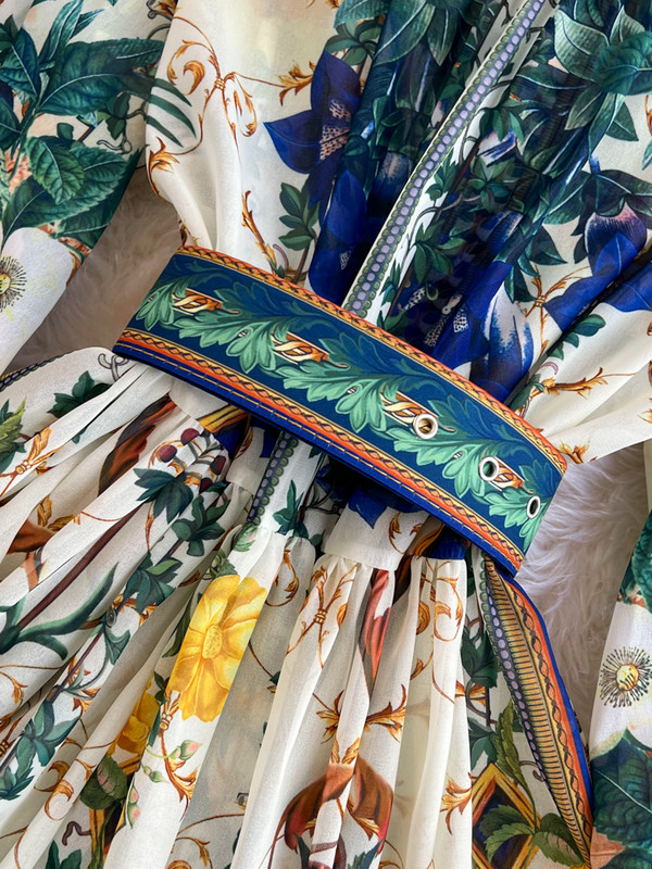 2024 Fashion Chiffon Gorgeous Flower Print Maxi Φόρεμα Γυναικεία βάση Μονόστηθος μακρυμάνικη ζώνη με φανάρι Boho Robe Vestidos