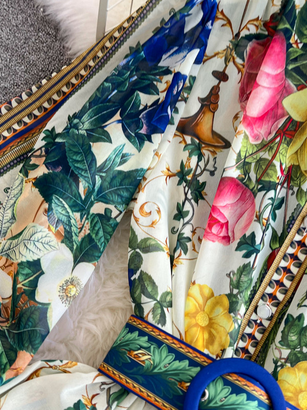 2024 Fashion Chiffon Gorgeous Flower Print Maxi Φόρεμα Γυναικεία βάση Μονόστηθος μακρυμάνικη ζώνη με φανάρι Boho Robe Vestidos