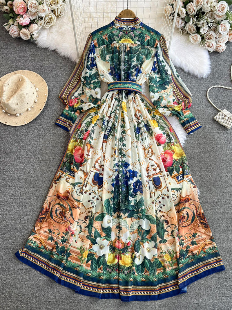 2024 Fashion Chiffon Gorgeous Flower Print Maxi Φόρεμα Γυναικεία βάση Μονόστηθος μακρυμάνικη ζώνη με φανάρι Boho Robe Vestidos