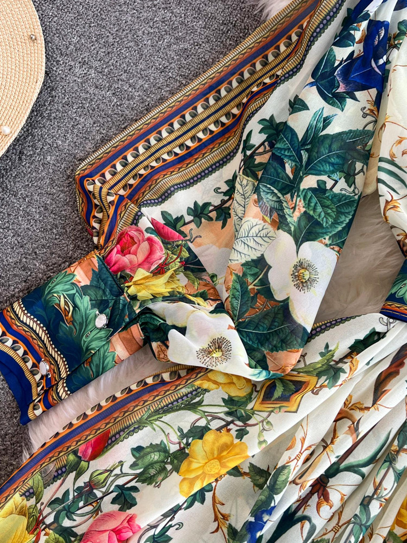 2024 Fashion Chiffon Gorgeous Flower Print Maxi Φόρεμα Γυναικεία βάση Μονόστηθος μακρυμάνικη ζώνη με φανάρι Boho Robe Vestidos