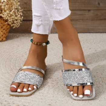 Обувки за жени 2023 Горещи разпродажби Дамски чехли с квадратни пръсти Лято Рим Обувки с отворени пръсти Пайети Дамски ежедневни плоски плажни джапанки