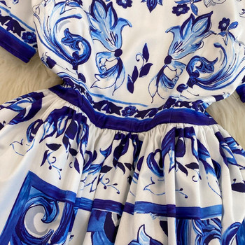 Модна дизайнерска лятна рокля Banulin Дамска ваканционна миди рокля с О-образно деколте и къс ръкав, синьо и бяло с принт с висока талия