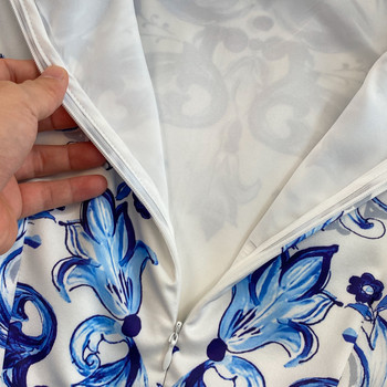 Модна дизайнерска лятна рокля Banulin Дамска ваканционна миди рокля с О-образно деколте и къс ръкав, синьо и бяло с принт с висока талия