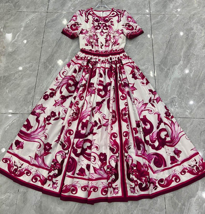 Γυναικείο καλοκαιρινό φόρεμα σχεδιαστή μόδας Banulin, κοντό μανίκι με λαιμόκοψη σε μπλε και άσπρο πορσελάνινο στάμπα με ψηλόμεσο Midi φόρεμα διακοπών