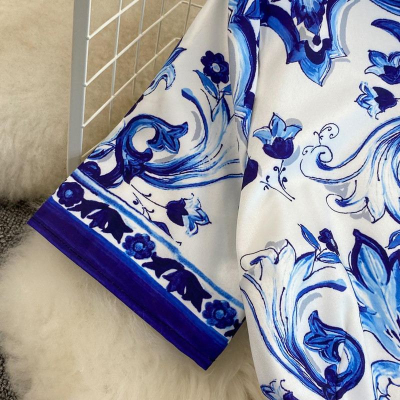 Γυναικείο καλοκαιρινό φόρεμα σχεδιαστή μόδας Banulin, κοντό μανίκι με λαιμόκοψη σε μπλε και άσπρο πορσελάνινο στάμπα με ψηλόμεσο Midi φόρεμα διακοπών