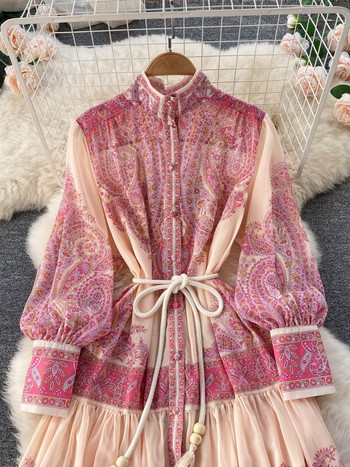 Есенна празнична розова макси рокля Дамско облекло с висока яка и дълъг фенер с ръкав с цветя, ретро принт с колан, широки шифонени дрехи