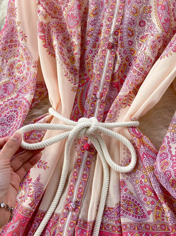 Есенна празнична розова макси рокля Дамско облекло с висока яка и дълъг фенер с ръкав с цветя, ретро принт с колан, широки шифонени дрехи